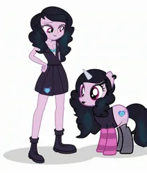 Size: 2285x2694 | Tagged: suggestive, artist:sarahthefox97, derpibooru import, izzy moonbow, equestria girls, bra, clothes, dress, g5, goth, goth izzy, image, jpeg, long socks, makeup, solo, underwear