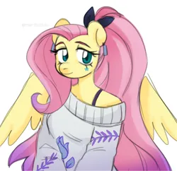 Size: 2064x2000 | Tagged: safe, artist:marthettau, derpibooru import, fluttershy, anthro, pegasus, pony, alternate hairstyle, clothes, ear piercing, earring, female, high res, image, jewelry, mare, off shoulder, off shoulder sweater, piercing, png, ponytail, simple background, smiling, solo, sweater, white background