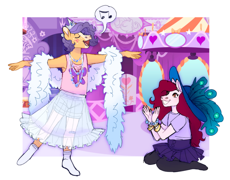 Size: 1280x1002 | Tagged: safe, artist:s0ftserve, derpibooru import, oc, oc:lavender cream, oc:pink lady, unofficial characters only, anthro, clothes, cousins, hat, image, jewelry, magical lesbian spawn, offspring, parent:apple bloom, parent:applejack, parent:rarity, parent:twist, parents:rarijack, parents:twistbloom, png, shirt, shorts, tiara, transgender, tutu