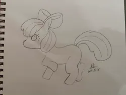 Size: 1032x774 | Tagged: safe, artist:kiho_cp, derpibooru import, apple bloom, earth pony, pony, female, filly, foal, image, jpeg, notebook, photo, solo, traditional art