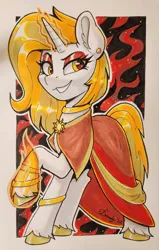 Size: 2092x3280 | Tagged: safe, artist:dandy, derpibooru import, oc, oc:aurora shinespark, unofficial characters only, pony, unicorn, cloak, clothes, commission, copic, ear fluff, ear piercing, earring, eyeshadow, female, fire, fire magic, glow, glowing horn, grin, horn, image, jewelry, jpeg, leg rings, looking at you, magic, makeup, mare, piercing, smiling, solo, traditional art, unicorn oc, unshorn fetlocks