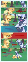 Size: 1919x4225 | Tagged: safe, artist:estories, derpibooru import, applejack, oc, oc:silverlay, earth pony, original species, pony, unicorn, comic:a(pple)ffection, apple, apple tree, applejack's hat, canon x oc, comic, cowboy hat, duo, eyes closed, female, food, freckles, hat, image, intertwined trees, lesbian, mare, marriage proposal, open mouth, pear tree, png, rock, shipping, silverjack, tree, umbra pony, vector