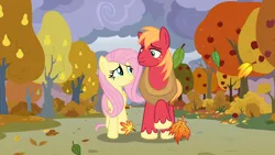Size: 1920x1080 | Tagged: safe, derpibooru import, edit, edited screencap, screencap, big macintosh, fluttershy, earth pony, pegasus, pony, the perfect pear, apple, apple tree, autumn, blushing, character swap, duo, falling leaves, female, fluttermac, food, height difference, image, leaves, looking at you, male, mare, pear tree, png, shipping, smiling, smiling at you, stallion, straight, tree, walking