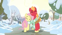 Size: 1920x1080 | Tagged: safe, derpibooru import, edit, edited screencap, screencap, big macintosh, fluttershy, earth pony, pegasus, pony, the perfect pear, blushing, character swap, clothes, cute, duo, eyes closed, female, fluttermac, height difference, image, macabetes, male, mare, png, scarf, shared clothing, shared scarf, shipping, shyabetes, smiling, snow, snowfall, stallion, straight, tree, walking, winter
