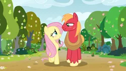 Size: 1920x1080 | Tagged: safe, derpibooru import, edit, edited screencap, screencap, big macintosh, fluttershy, earth pony, pegasus, pony, the perfect pear, apple, apple tree, blushing, character swap, duo, female, flower, fluttermac, food, height difference, image, looking at each other, looking at someone, male, mare, pear tree, png, shipping, smiling, smiling at each other, spring, stallion, straight, tree, walking