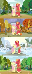 Size: 1920x4320 | Tagged: safe, derpibooru import, edit, edited screencap, screencap, big macintosh, fluttershy, earth pony, pegasus, pony, the perfect pear, apple, apple tree, autumn, blushing, character swap, clothes, eyes closed, falling leaves, female, flower, fluttermac, food, height difference, image, leaves, looking at each other, looking at someone, looking at you, male, mare, pear tree, png, scarf, seasons, sequence, shared clothing, shared scarf, shipping, smiling, smiling at each other, smiling at you, snow, snowfall, spring, stallion, straight, summer, tree, walking, winter