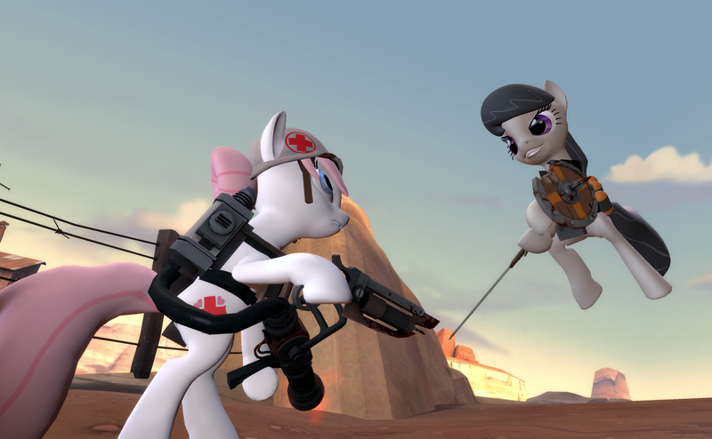 Size: 3145x1944 | Tagged: safe, artist:xafilah, derpibooru import, nurse redheart, octavia melody, earth pony, pony, 3d, gmod, image, png, solo, sword, team fortress 2, weapon