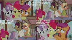 Size: 2000x1125 | Tagged: safe, derpibooru import, edit, edited screencap, editor:quoterific, screencap, apple bloom, mane allgood, scootaloo, snap shutter, sweetie belle, the last crusade, crying, cutie mark crusaders, image, png