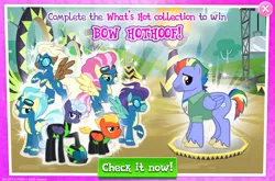 Size: 1958x1289 | Tagged: safe, derpibooru import, official, bow hothoof, candy cloud, misty fly, monsoon season, rolling thunder, short fuse, storm chaser, swift vanilla, pegasus, pony, advertisement, aviator goggles, background character, background pony, clothes, collection, english, error, folded wings, gameloft, goggles, group, helmet, image, jpeg, mobile game, my little pony: magic princess, spread wings, text, the washouts, uniform, unshorn fetlocks, washouts uniform, wings, wonderbolts, wonderbolts uniform