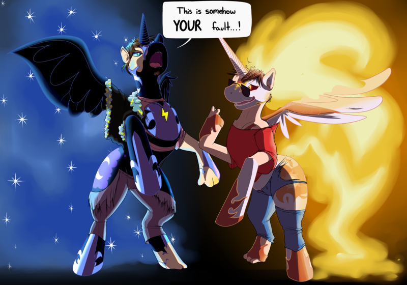 Size: 2000x1400 | Tagged: safe, artist:scotchhideyoshi, derpibooru import, daybreaker, nightmare moon, princess celestia, princess luna, alicorn, clothes, commission, dialogue, ethereal mane, female, furry to pony, image, looking at each other, looking at someone, male to female, mane of fire, png, royal sisters, rule 63, siblings, sisters, speech bubble, starry mane, starry tail, tail, tail of fire, torn clothes, transformation, transgender, transgender transformation