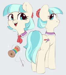 Size: 936x1068 | Tagged: safe, artist:melodylibris, derpibooru import, coco pommel, pony, bust, cocobetes, cute, full body, image, jpeg, sewing needle, simple background, smiling, solo