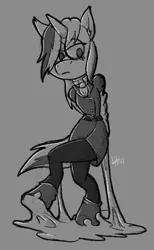 Size: 1133x1839 | Tagged: safe, artist:lexhanley, derpibooru import, oc, oc:skyfall, unofficial characters only, anthro, unicorn, anthro oc, clothes, cravat, female, glue, horn, image, jpeg, latex, latex boots, latex suit, monochrome, sketch, solo, unicorn oc