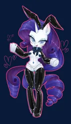 Size: 961x1677 | Tagged: suggestive, artist:vanityamaryllis, derpibooru import, rarity, anthro, unguligrade anthro, unicorn, arm hooves, bedroom eyes, blue background, bowtie, breasts, bunny ears, bunny suit, busty rarity, clothes, female, image, jpeg, latex, looking at you, maebari, pasties, reverse bunny suit, simple background, smiling, smiling at you, solo, solo female, wide hips
