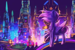 Size: 4000x2667 | Tagged: safe, artist:shad0w-galaxy, derpibooru import, oc, oc:shadow galaxy, unofficial characters only, pegasus, pony, background, chest fluff, city, cyberpunk, ethereal mane, female, folded wings, high res, hooves, image, looking away, mare, neon, png, solo, starry eyes, starry mane, unshorn fetlocks, wingding eyes, wings