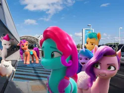 Size: 2048x1536 | Tagged: safe, derpibooru import, edit, edited screencap, screencap, cloudpuff, hitch trailblazer, izzy moonbow, pipp petals, sunny starscout, zipp storm, dog, earth pony, pegasus, pomeranian, pony, unicorn, airport, angry, bag, building, female, flying pomeranian, g5, group, hitch trailblazer is not amused, image, irl, izzy moonbow is not amused, jazz has no ears, jazz hooves, jewelry, looking at someone, looking back, male, mane five (g5), mare, no ears, photo, pipp petals is not amused, png, pole, ponies in real life, real life background, sad, stallion, sunny starscout is not amused, sydney, tiara, unamused, winged dog, wings, zipp storm is not amused
