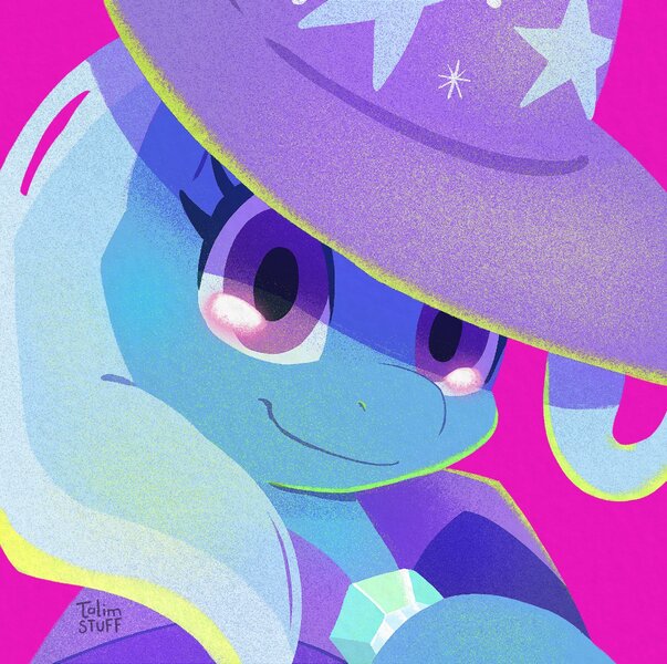 Size: 1250x1244 | Tagged: safe, artist:talimingi, derpibooru import, trixie, pony, unicorn, bust, cape, clothes, female, hat, image, jpeg, looking at you, mare, pink background, portrait, signature, simple background, smiling, smiling at you, solo, trixie's cape, trixie's hat