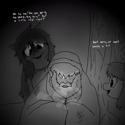 Size: 1200x1200 | Tagged: semi-grimdark, artist:pony quarantine, derpibooru import, oc, oc:anon, unofficial characters only, earth pony, human, pony, taiga pony, beard, black and white, blanket, breath, cold, dialogue, facial hair, female, grayscale, image, implied death, implied hypothermia, implied ponies eating meat, jpeg, male, mare, meat, monochrome, trio