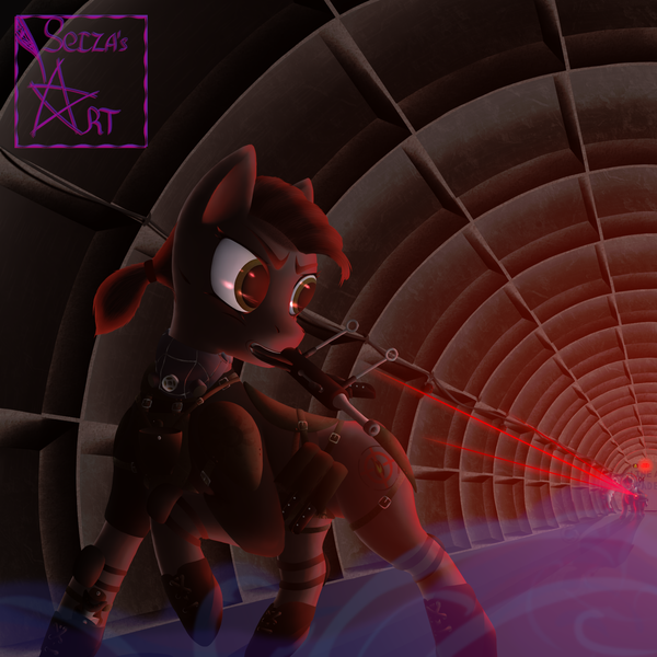 Size: 1754x1754 | Tagged: semi-grimdark, artist:seizachan, derpibooru import, oc, earth pony, pony, fallout equestria, angry, armor, armored pony, bone, chestplate, clothes, darkness, detailed background, dodge, fallout equestria oc, female, gas, gas mask, gun, handgun, image, knife, laser, laser rifle, mare, mask, metro, military uniform, pistol, png, scar, skeleton, tunnel, underground, uniform, watermark, weapon