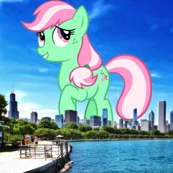Size: 2766x2766 | Tagged: safe, artist:cheezedoodle96, artist:jaredking779, derpibooru import, edit, minty, earth pony, pony, background pony, chicago, female, freckles, giant pony, giant/macro earth pony, giantess, high res, highrise ponies, illinois, image, irl, jpeg, macro, mare, mega giant, photo, ponies in real life, recolor, smiling, solo