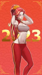 Size: 1872x3329 | Tagged: safe, artist:guyser3, derpibooru import, sunset shimmer, human, 2023, alternate hairstyle, belly button, clothes, female, high res, humanized, image, jpeg, lunar new year, solo