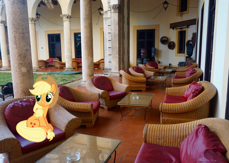 Size: 2048x1463 | Tagged: safe, artist:jaredking779, artist:tardifice, derpibooru import, edit, applejack, earth pony, pony, cowboy hat, cuba, female, hat, havana, image, irl, jpeg, mare, photo, ponies in real life, sitting, solo, stetson