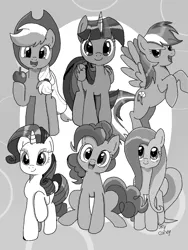 Size: 768x1024 | Tagged: safe, derpibooru import, seven seas, applejack, fluttershy, pinkie pie, rainbow dash, rarity, twilight sparkle, twilight sparkle (alicorn), alicorn, earth pony, pegasus, pony, unicorn, my little pony: the manga, female, grayscale, image, mane six, monochrome, png, simple background, sketch gallery, spread wings, wings