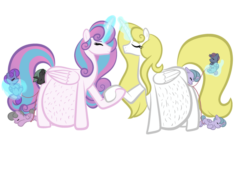 Size: 2472x1831 | Tagged: questionable, artist:chelseawest, derpibooru import, princess flurry heart, oc, oc:gleaming grace, alicorn, pony, adult, alicorn oc, baby, baby pony, belly, big belly, birth, birthing, calm, crowning, eyes closed, female, foal, foaling, giving birth, holding hooves, horn, huge belly, hyper, hyper belly, hyper pregnancy, image, impossibly large belly, kicking, labor, magic, magic aura, mother and child, mother and daughter, multiple pregnancy, offspring, offspring's offspring, older, older flurry heart, parent:oc:gleaming grace, parent:oc:shimmering glow, parent:princess flurry heart, parents:canon x oc, png, pregnant, umbilical cord, wings