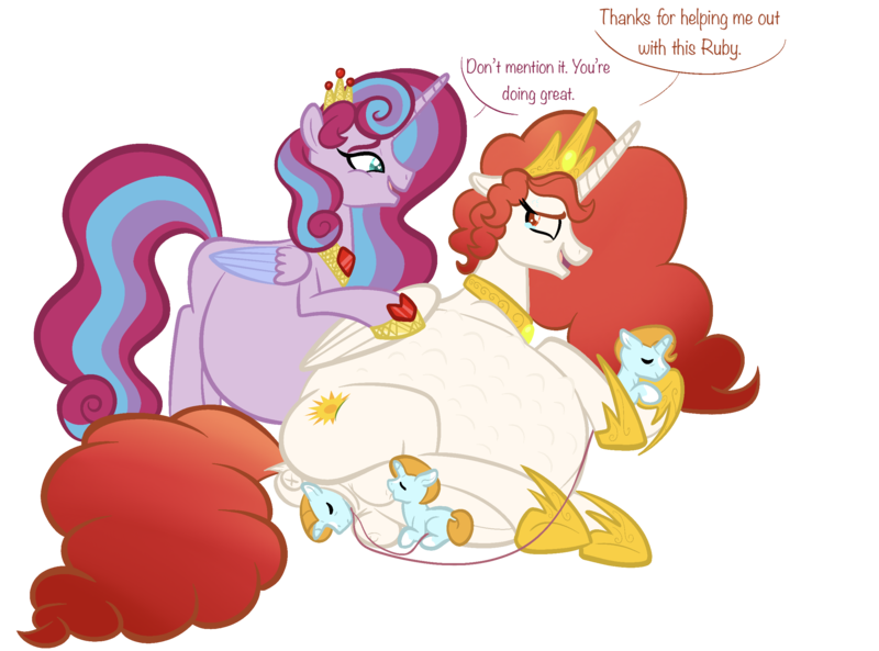 Size: 2472x1831 | Tagged: questionable, artist:chelseawest, derpibooru import, oc, oc:mi amore ruby heart, oc:solstice, alicorn, pony, alicorn oc, belly, big belly, birth, birthing, breastfeeding, crotchboobs, crowning, dialogue, female, foaling, giving birth, horn, huge belly, hyper, hyper belly, hyper pregnancy, image, impossibly large belly, kicking, labor, multiple pregnancy, nudity, offspring, offspring's offspring, parent:oc:glimmering shield, parent:oc:lucky blaze, parent:oc:mi amore rose heart, parent:oc:solstice, parent:oc:sunny glow, parents:oc x oc, petalverse, png, pregnant, suckling, umbilical cord, wings