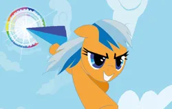 Size: 1120x714 | Tagged: safe, artist:ncolque, derpibooru import, screencap, oc, oc:sunlight mist, pegasus, pony, cloud, epic face, image, multicolored mane, multicolored trail, nose dive, png, sky, smiling, sonic rainboom