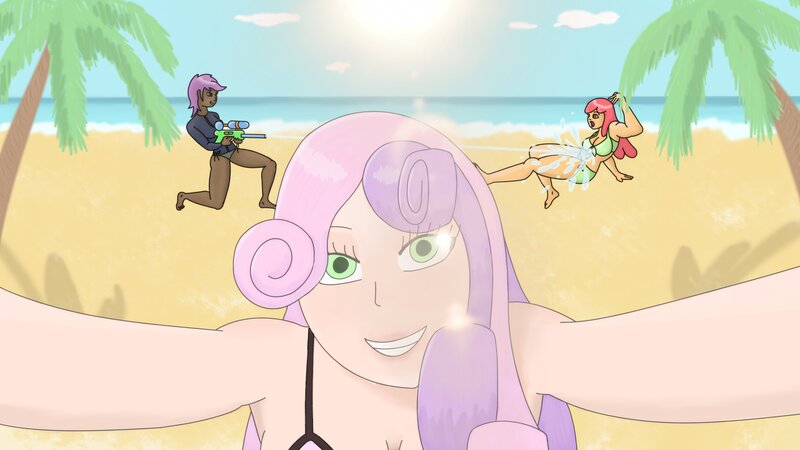 Size: 4096x2304 | Tagged: source needed, useless source url, safe, artist:theapplequeen1, derpibooru import, apple bloom, scootaloo, sweetie belle, human, beach, bikini, blackwashing, clothes, image, jpeg, older, older apple bloom, older scootaloo, older sweetie belle, palm tree, swimsuit, teenage apple bloom, teenage scootaloo, teenage sweetie belle, tree, watergun