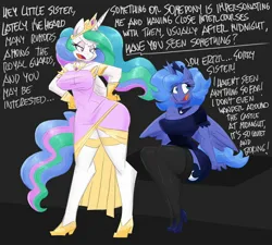 Size: 2300x2070 | Tagged: safe, artist:flutterthrash, derpibooru import, princess celestia, princess luna, alicorn, anthro, big breasts, black background, blatant lies, breasts, busty princess celestia, busty princess luna, clothes, crown, dialogue, dress, duo, duo female, female, gloves, high heels, high res, image, implied guardluna, jewelry, jpeg, necklace, regalia, royal sisters, s1 luna, shoes, siblings, simple background, sisters, socks, speech, stockings, sweat, sweatdrop, talking, text, thigh highs, tiara