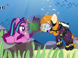 Size: 5000x3750 | Tagged: suggestive, artist:akififi, derpibooru import, aria blaze, oc, oc:copper moon, earth pony, fish, pony, siren, air tank, bubble, clothes, costume, full face mask, hypnosis, hypnotized, image, png, scuba diving, scuba gear, seaweed, shadowbolts costume, underwater, water, wetsuit