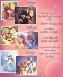 Size: 2700x3300 | Tagged: safe, artist:miryelis, derpibooru import, applejack, fluttershy, rainbow dash, sunset shimmer, oc, earth pony, pegasus, pony, unicorn, advertisement, bust, commission, commission info, cute, duo, flower, full body, hat, horn, image, looking at you, png, price list, price sheet, smiling, smiling at you, solo, text, wings