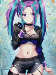 Size: 512x682 | Tagged: suggestive, derpibooru import, editor:sammykun, machine learning assisted, machine learning generated, novelai, stable diffusion, aria blaze, human, equestria girls, anime style, beautiful, belly button, belt, breasts, busty aria blaze, choker, clothes, emo, female, female focus, hand on chest, humanized, image, jacket, jpeg, legwear, looking at you, midriff, pigtails, reasonably sized breasts, sexy, solo, solo female, solo focus, twintails