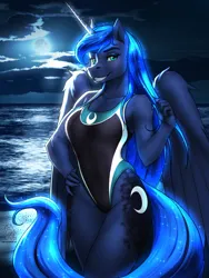 Size: 4500x6000 | Tagged: safe, artist:mykegreywolf, derpibooru import, princess luna, alicorn, anthro, absurd file size, absurd resolution, beach, bedroom eyes, breasts, clothes, female, hand on hip, horn, image, leotard, looking at you, moon, moonlight, night, one-piece swimsuit, png, solo, stupid sexy princess luna, swimsuit, wings