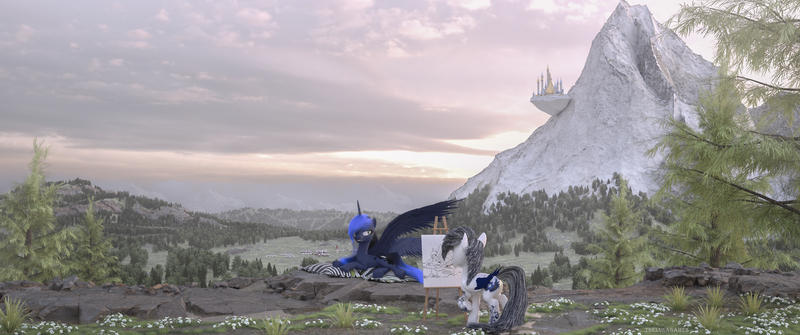 Size: 3440x1440 | Tagged: safe, artist:oldman, artist:thelunagames, derpibooru import, princess luna, oc, oc:crystal moon, alicorn, pegasus, pony, 3d, 3d model, canterlot, canterlot castle, grass, image, mountain, png, tree