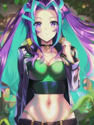 Size: 512x683 | Tagged: suggestive, derpibooru import, editor:sammykun, machine learning assisted, machine learning generated, novelai, stable diffusion, aria blaze, human, equestria girls, anime style, beautiful, belly button, belt, breasts, busty aria blaze, choker, clothes, female, female focus, humanized, image, jacket, jpeg, looking at you, midriff, pigtails, reasonably sized breasts, sexy, solo, solo female, solo focus, twintails
