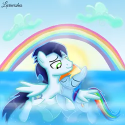 Size: 1300x1300 | Tagged: safe, artist:mlplary6, derpibooru import, rainbow dash, soarin', pegasus, pony, cloud, eyes closed, female, holding hooves, hug, image, male, mare, png, rainbow, romantic, shipping, sky, smiling, smiling to someone, snuggling, soarindash, stallion, straight, sun, swimming, water, wet, wet mane, winghug, wings
