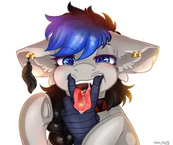 Size: 1812x1512 | Tagged: suggestive, artist:yuris, derpibooru import, oc, oc:izulu musa, oc:silver strings, gryphon, pony, ahegao, collar, colored pupils, commission, drool, ear piercing, earring, feather, fingers, floppy ears, frog (hoof), frown, image, implied gay, jewelry, male, open mouth, piercing, pigtail, png, simple background, solo, solo male, stallion, teeth, tongue out, tongue piercing, underhoof, white background