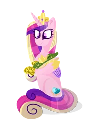 Size: 1019x1409 | Tagged: safe, artist:lindasaurie, derpibooru import, princess cadance, alicorn, fish, pony, animal, crown, derpibooru exclusive, eye clipping through hair, female, full body, image, jewelry, lineless, mare, petting, pike, png, regalia, simple background, sitting, smiling, transparent background