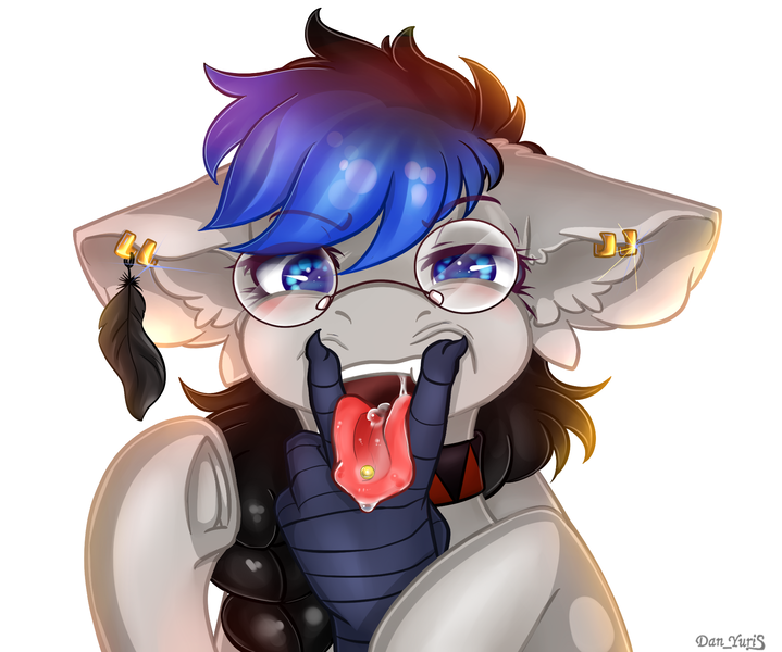 Size: 1812x1512 | Tagged: suggestive, artist:yuris, derpibooru import, oc, oc:izulu musa, oc:silver strings, gryphon, pony, ahegao, collar, colored pupils, commission, drool, ear piercing, earring, feather, fingers, floppy ears, frog (hoof), frown, glasses, image, implied gay, jewelry, male, open mouth, piercing, pigtail, png, simple background, solo, solo male, stallion, teeth, tongue out, tongue piercing, underhoof, white background
