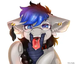 Size: 1812x1512 | Tagged: suggestive, artist:yuris, derpibooru import, oc, oc:izulu musa, oc:silver strings, gryphon, pony, ahegao, collar, colored pupils, commission, drool, ear piercing, earring, feather, fingers, floppy ears, frog (hoof), frown, glasses, image, implied gay, jewelry, male, open mouth, piercing, pigtail, png, simple background, solo, solo male, stallion, teeth, tongue out, tongue piercing, underhoof, white background