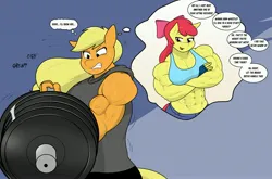 Size: 3931x2599 | Tagged: safe, artist:matchstickman, derpibooru import, apple bloom, applejack, anthro, earth pony, pony, abs, apple bloom's bow, apple brawn, apple sisters, applejacked, barbell, biceps, bow, breasts, busty apple bloom, clothes, deltoids, dialogue, duo, female, gritted teeth, grunting, hair bow, image, jpeg, mare, matchstickman's apple brawn series, muscles, muscular female, older, older apple bloom, pecs, siblings, sisters, speech bubble, sweat, sweatdrop, teeth, thought bubble, weights