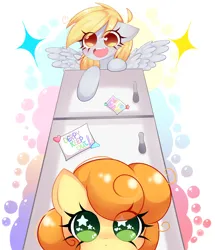 Size: 8000x9312 | Tagged: safe, artist:franshushu, derpibooru import, carrot top, derpy hooves, golden harvest, earth pony, pegasus, pony, advertisement, big eyes, commission, commission info, i emptied your fridge, image, png, refrigerator, simple background, smiling, song