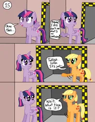 Size: 2548x3244 | Tagged: safe, artist:alyssafire, artist:nightshadowmlp, derpibooru import, applejack, twilight sparkle, twilight sparkle (alicorn), alicorn, comic:five am at pinkie's: the prequel, comic, dialogue, dilated pupils, hatless, image, missing accessory, png, speech bubble, text