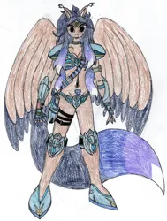Size: 4120x5464 | Tagged: suggestive, derpibooru import, oc, oc:alexus nictivia, unofficial characters only, anthro, pegasus, agent alabastor amril, armor, armored pony, bandolier, belly button, breasts, choker, claws, clothes, colored wings, ear piercing, earring, garter belt, gauntlet, gun, high heels, holster, image, jewelry, jpeg, knee pads, long ears, metal thong, midriff, painted nails, piercing, platform heels, shoes, simple background, solo, tattoo, tiara, unconvincing armor, weapon, white background, wings, womb tattoo
