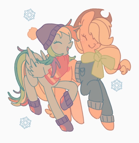 Size: 1008x1034 | Tagged: safe, artist:gulich__, derpibooru import, applejack, rainbow dash, earth pony, pegasus, pony, appledash, applejack's hat, clothes, cowboy hat, female, hat, image, jpeg, lesbian, scarf, shipping, simple background, toque, white background