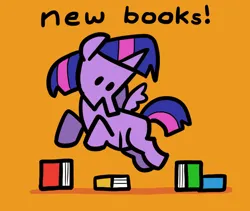 Size: 974x821 | Tagged: safe, artist:docwario, derpibooru import, twilight sparkle, twilight sparkle (alicorn), alicorn, pony, book, bookhorse, chibi, dialogue, flying, image, jpeg, looking at something, orange background, simple background, solo, spread wings, that pony sure does love books, wings