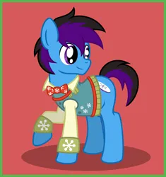 Size: 1872x1992 | Tagged: safe, artist:banquo0, derpibooru import, oc, oc:banquo, unofficial characters only, earth pony, pony, bowtie, clothes, earth pony oc, image, jpeg, looking back, smiling, solo, sweater