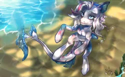 Size: 2600x1600 | Tagged: safe, artist:kirby_orange, derpibooru import, oc, oc:colgate, unofficial characters only, merpony, pony, beautiful, blue eyes, blue tail, bubble, crepuscular rays, cute, digital art, ear fluff, fins, fish tail, flowing mane, flowing tail, glow, glowing eyes, high res, image, lidded eyes, looking at you, looking up, male, ocean, png, sand, seaweed, signature, smiling, solo, stallion, sunlight, swimming, tail, underwater, water